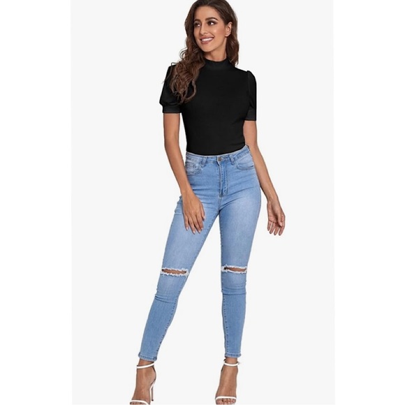 🎉Mock Neck Puff Short Sleeve Top, Women’s Size XL, Black - Picture 2 of 6